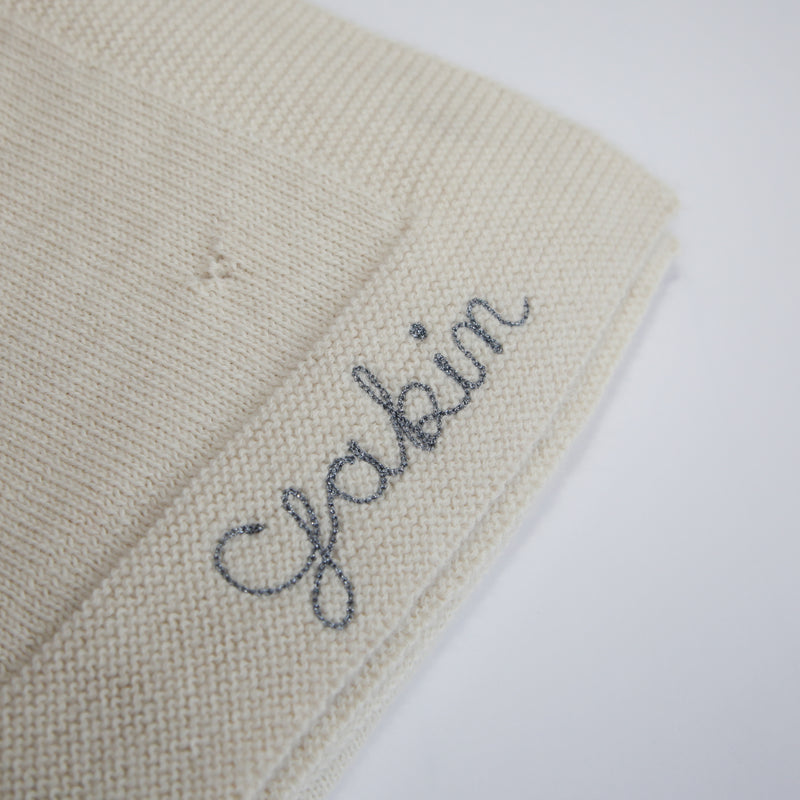 Couverture Petits Coeurs, couleur Naturelle, avec broderie Argent Bleuté