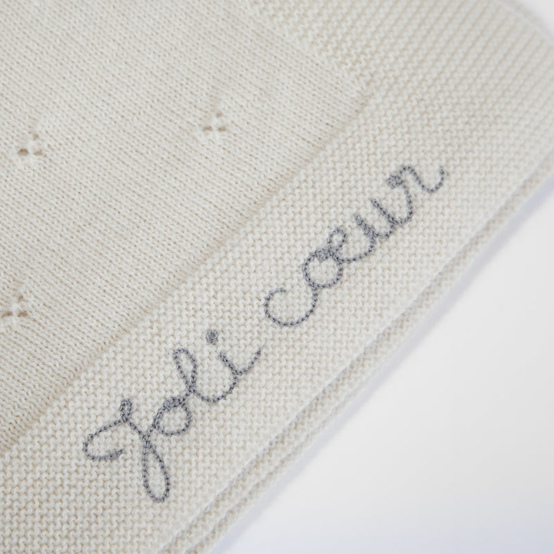 Couverture Petits Coeurs, couleur Naturelle, avec broderie Grise Ardoise