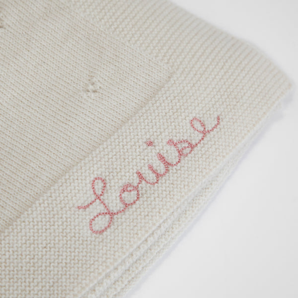 Couverture Petits Coeurs, couleur Naturelle, avec broderie Rose Ancien