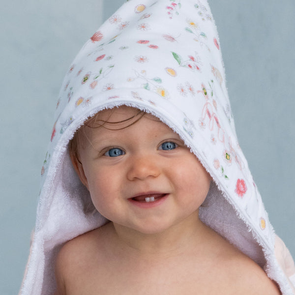 Maxi cape de bain, motif Prairie / Pivoine brodée au prénom